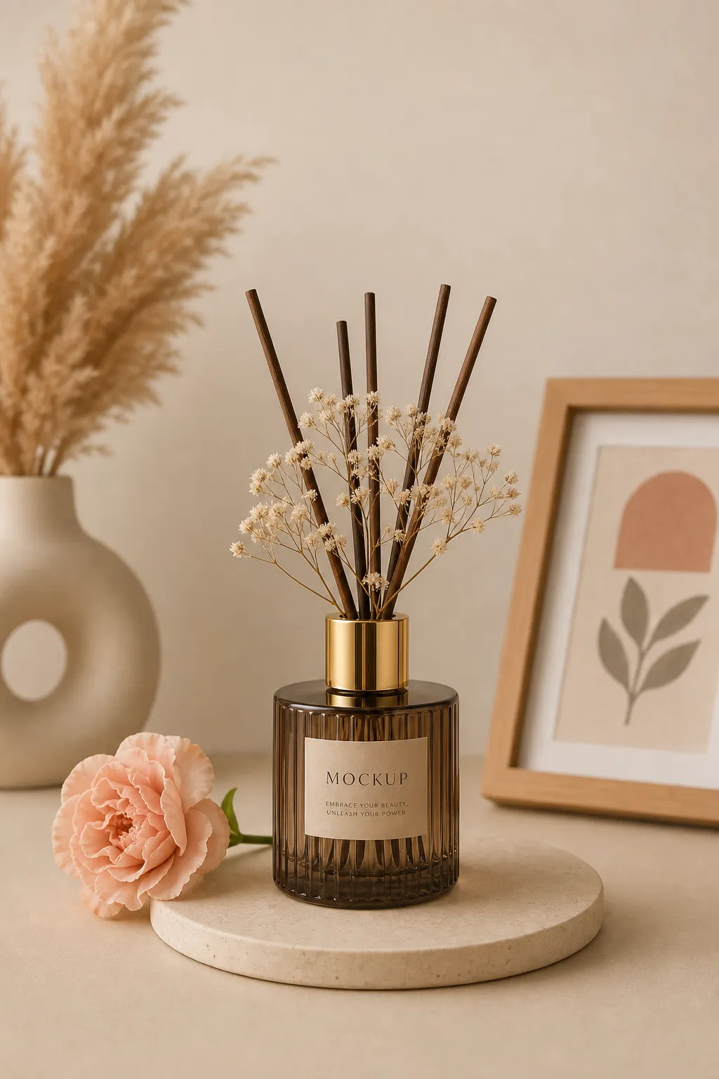 Amber Reed Diffuser Mockup with Dried Flowers｜AI Image Generation Prompts