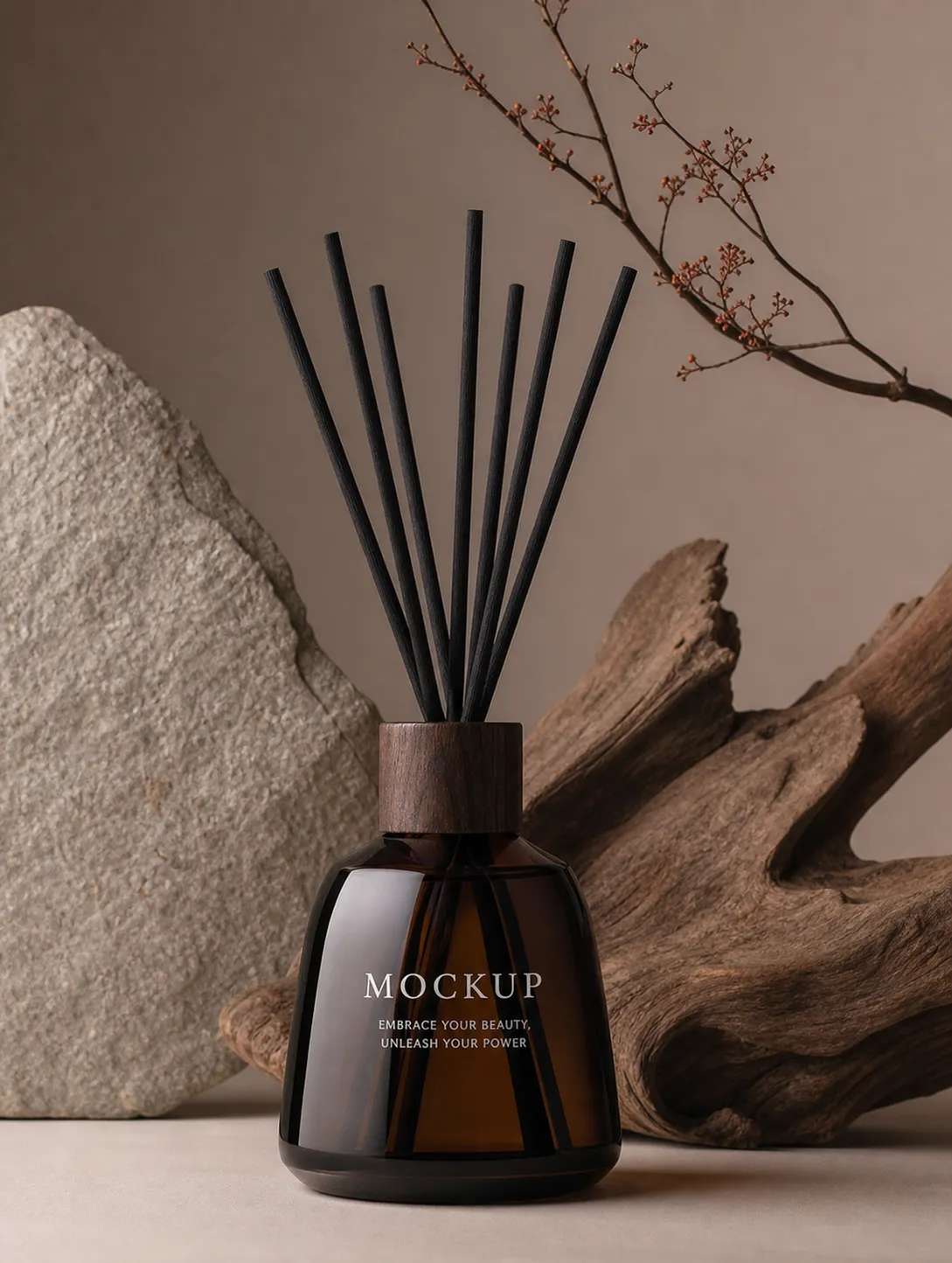 Dark Amber Reed Diffuser Mockup with Stone and Wood｜AI Image Generation Prompts