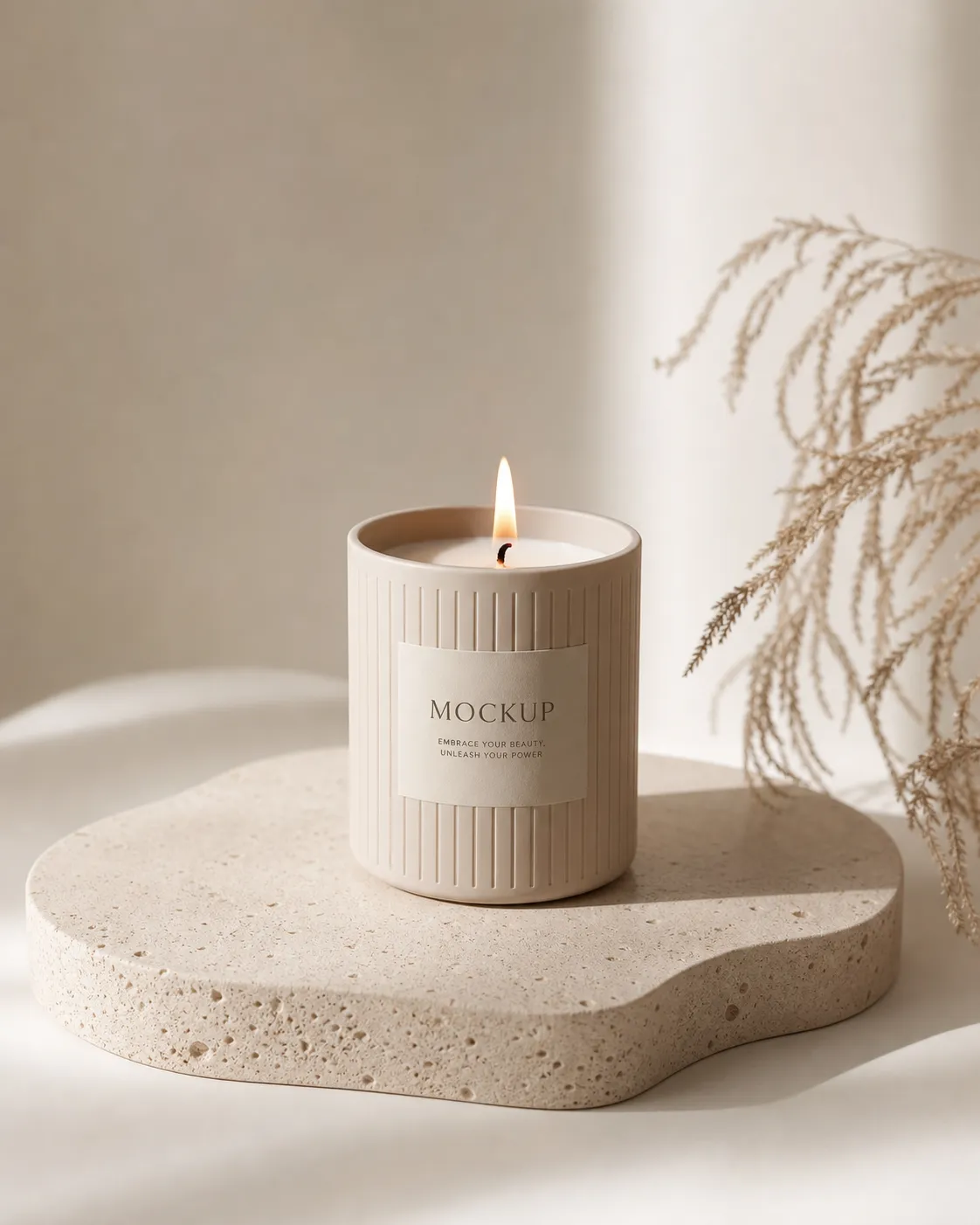 Minimalist beige candle mockup on stone platform｜AI Image Generation Prompts
