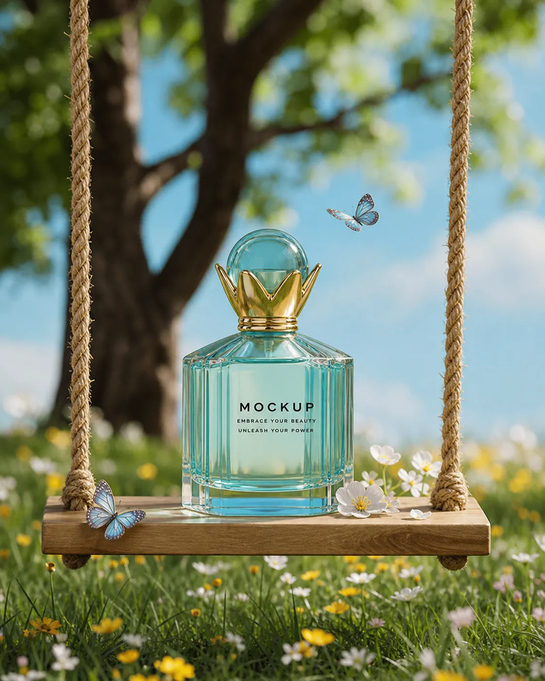 Blue Perfume Bottle Mockup on a Garden Swing｜AI Image Generation Prompts