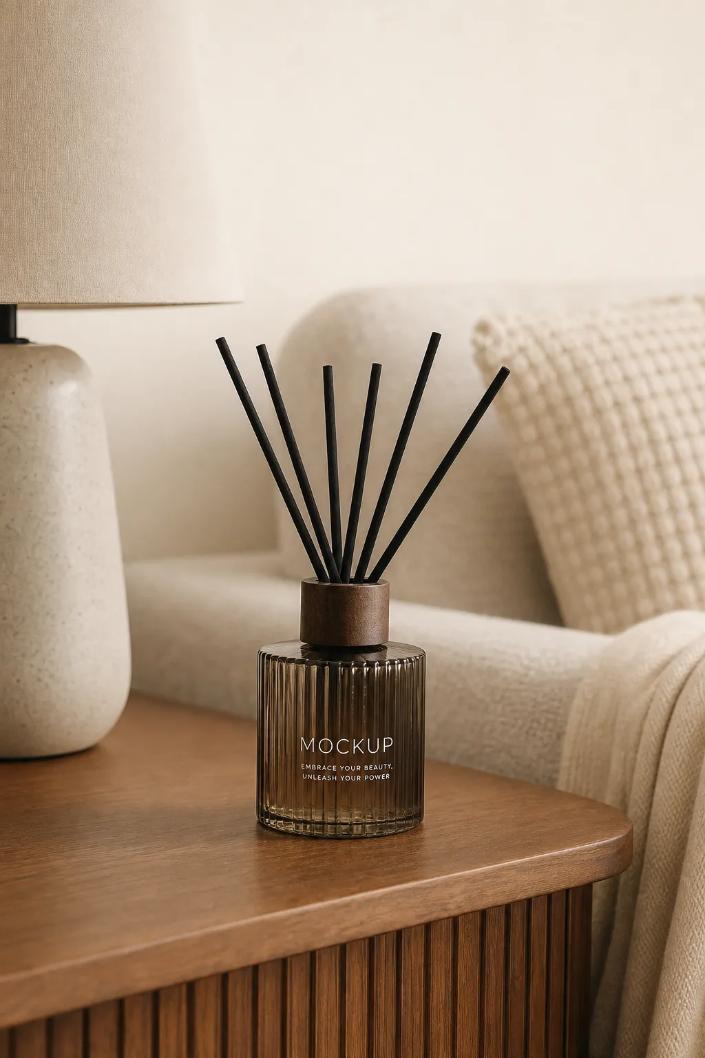 Reed Diffuser Mockup on Wooden Side Table｜AI Image Generation Prompts