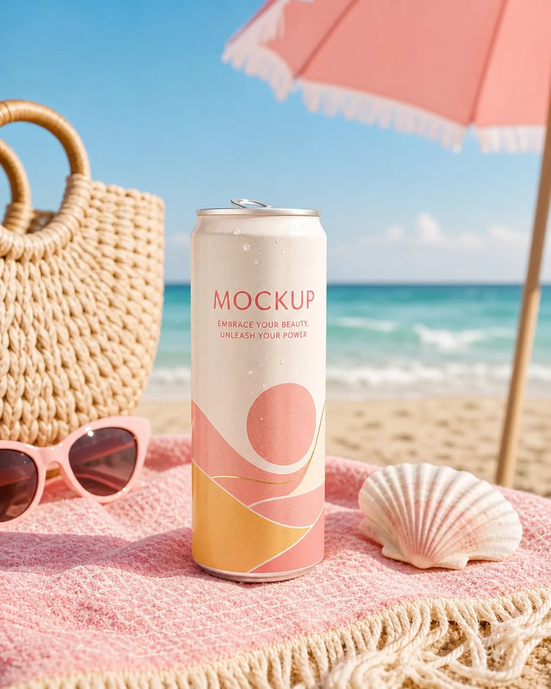 Pink beverage can mockup on a sunny beach｜AI Image Generation Prompts