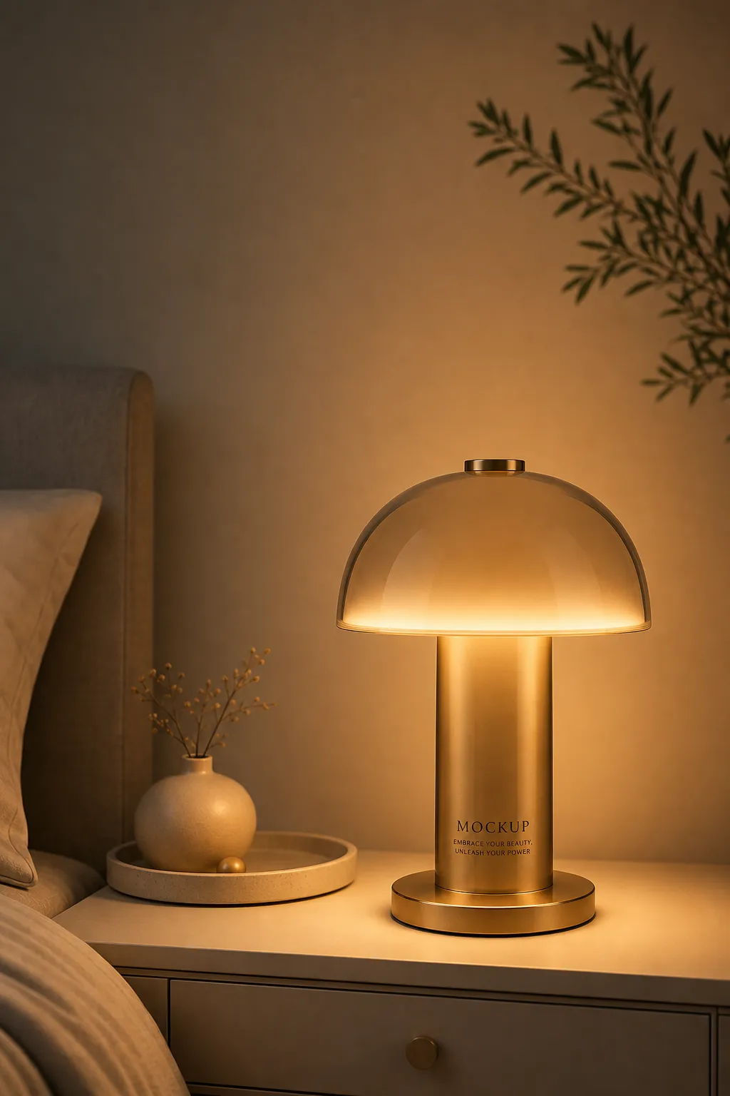 Gold Mushroom Lamp Mockup on Nightstand｜AI Image Generation Prompts