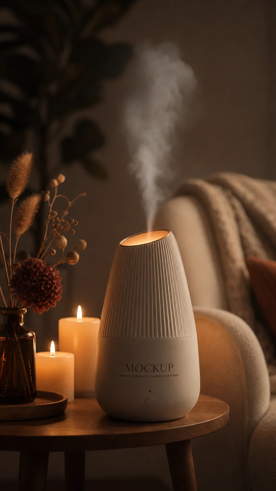 White essential oil diffuser mockup on table｜AI Image Generation Prompts