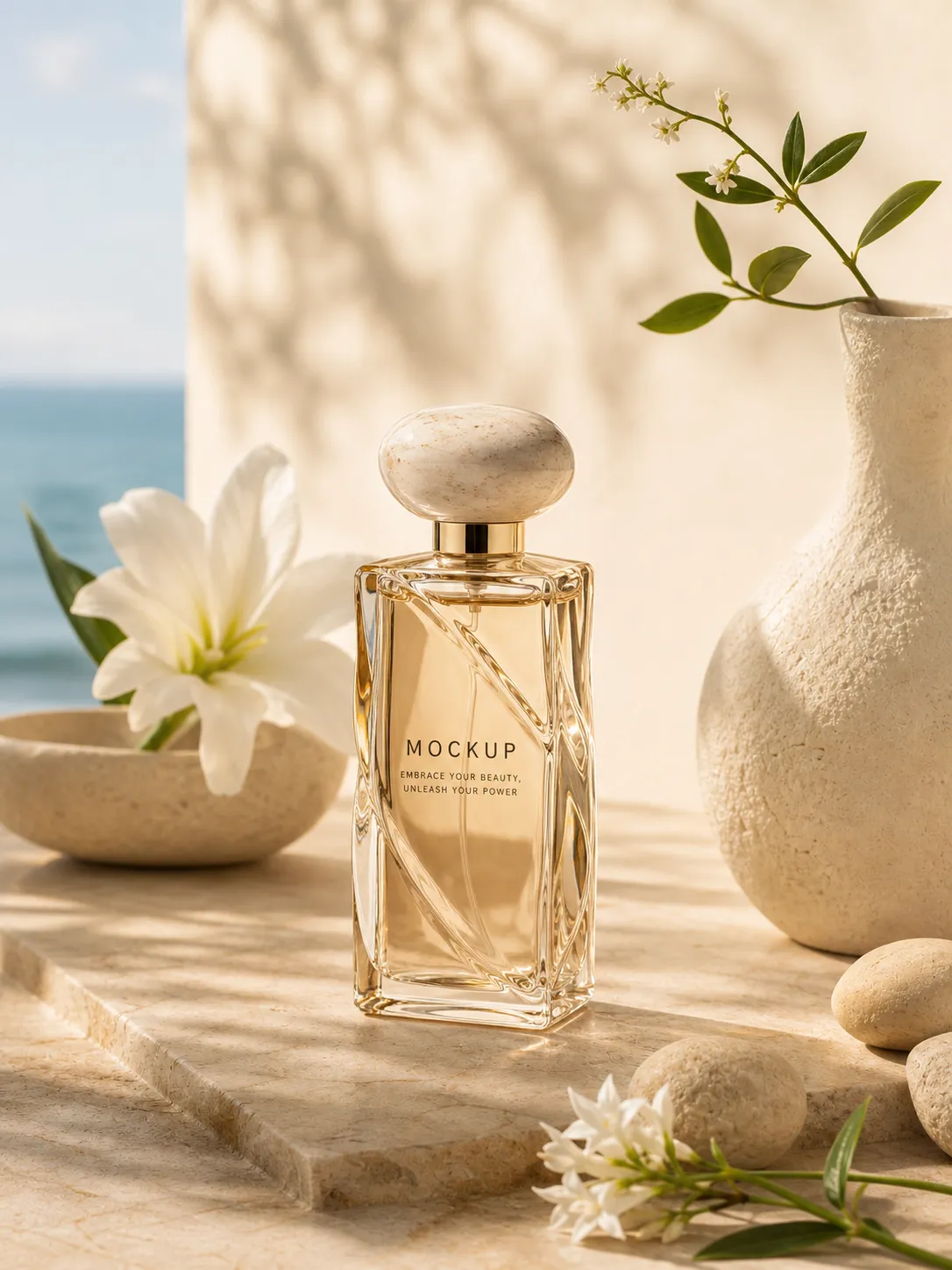 Perfume bottle mockup with stone cap and white flowers｜AI Image Generation Prompts