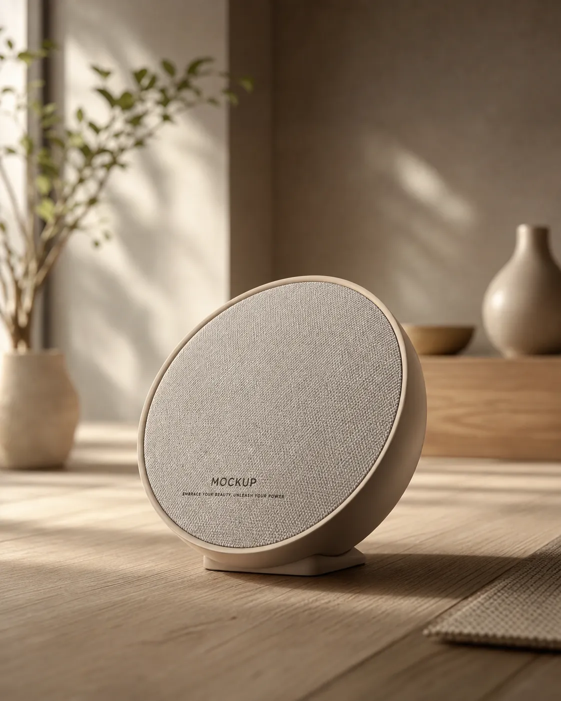 Round Speaker Mockup in Minimalist Sunlit Room｜AI Image Generation Prompts