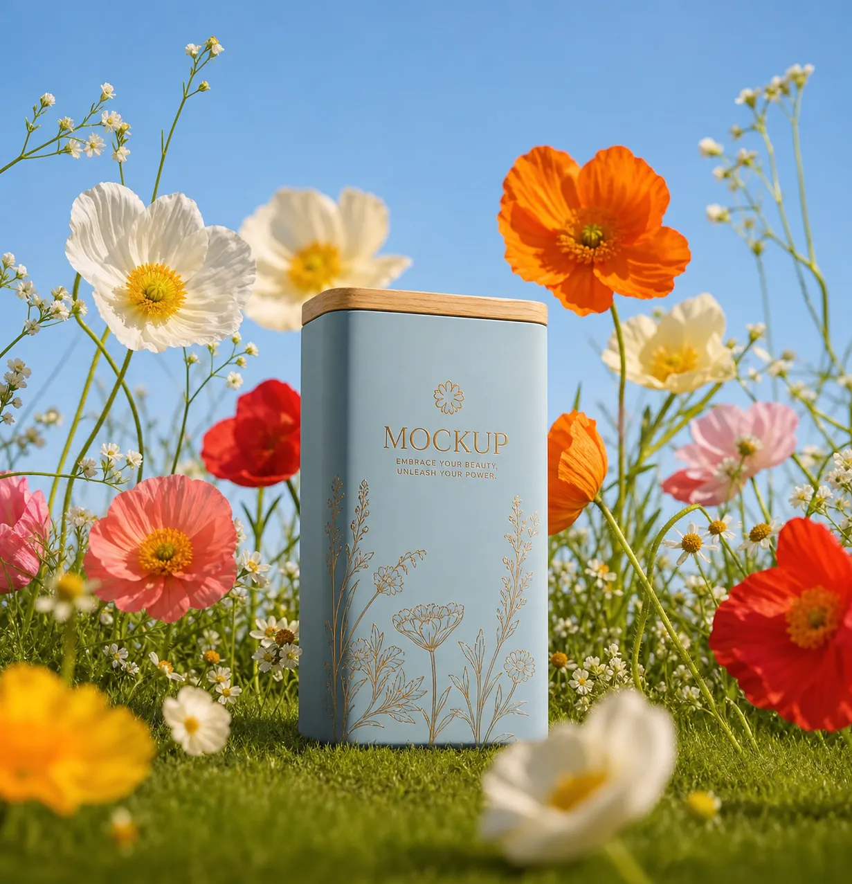 Blue cylindrical packaging mockup in a flower field｜AI Image Generation Prompts
