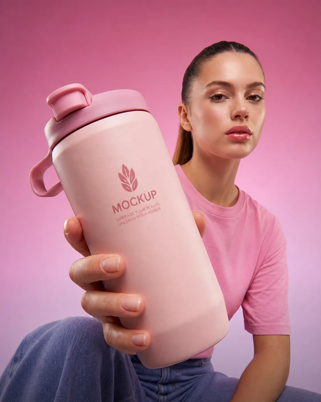 Woman holding a large pink water bottle mockup｜AI Image Generation Prompts
