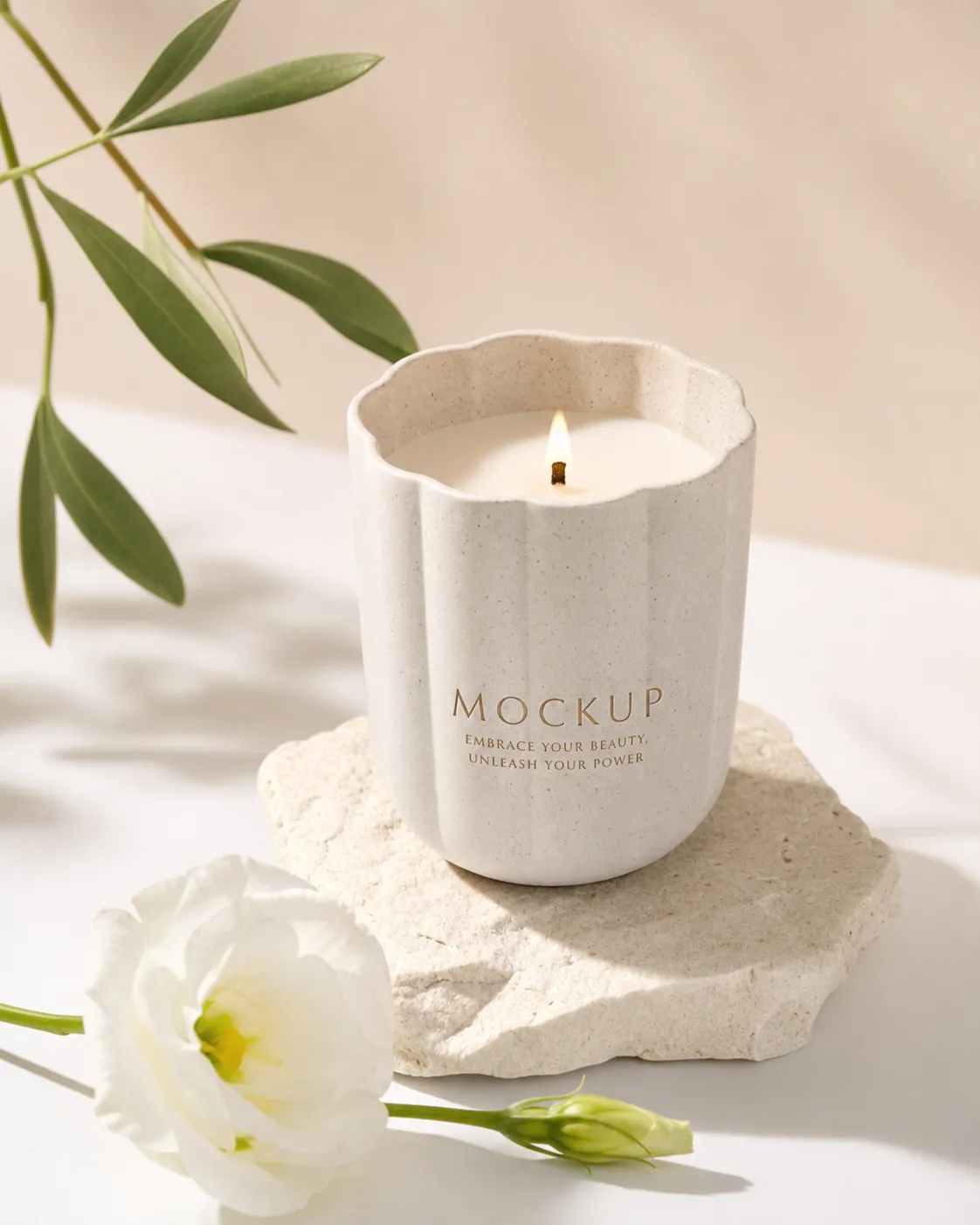 White Candle Mockup on Stone Slab with Flower｜AI Image Generation Prompts