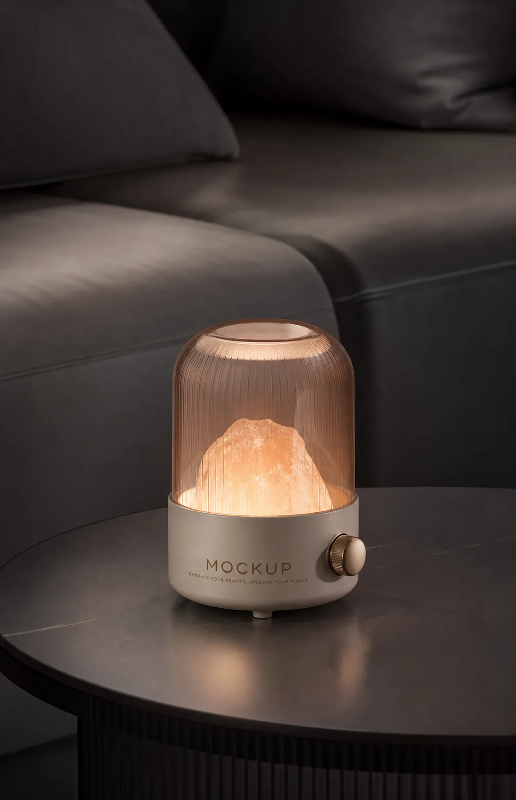 Glowing salt lamp mockup on a round table｜AI Image Generation Prompts