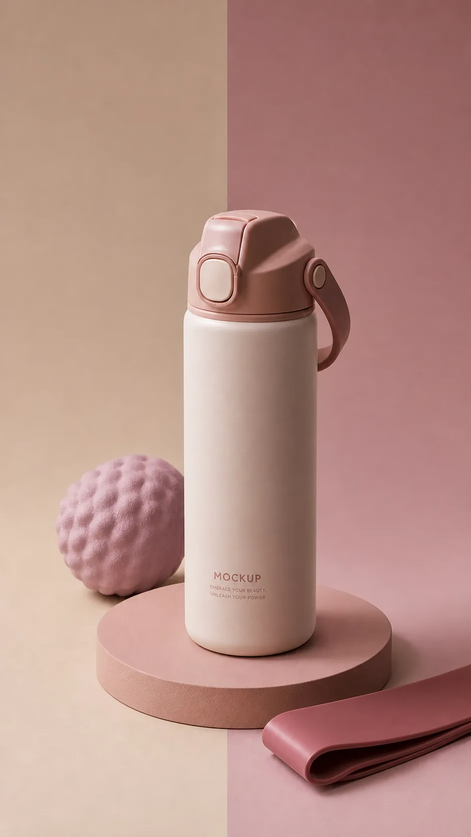 Pink Water Bottle Mockup on Pedestal｜AI Image Generation Prompts