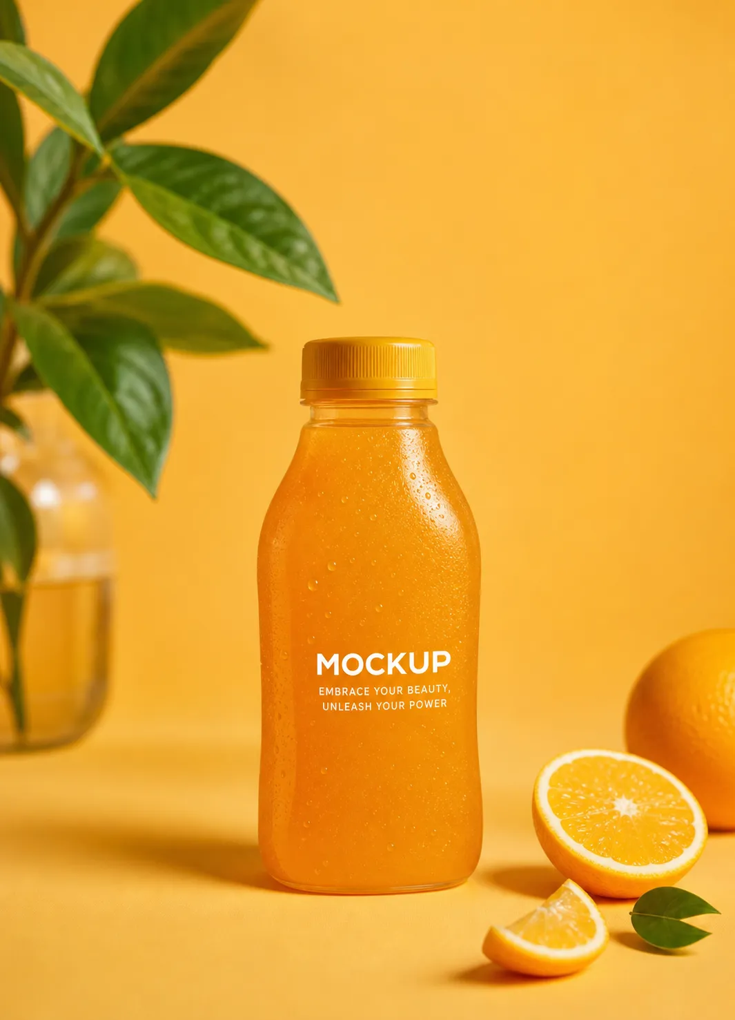 Orange Juice Bottle Mockup with Fresh Fruit｜AI Image Generation Prompts