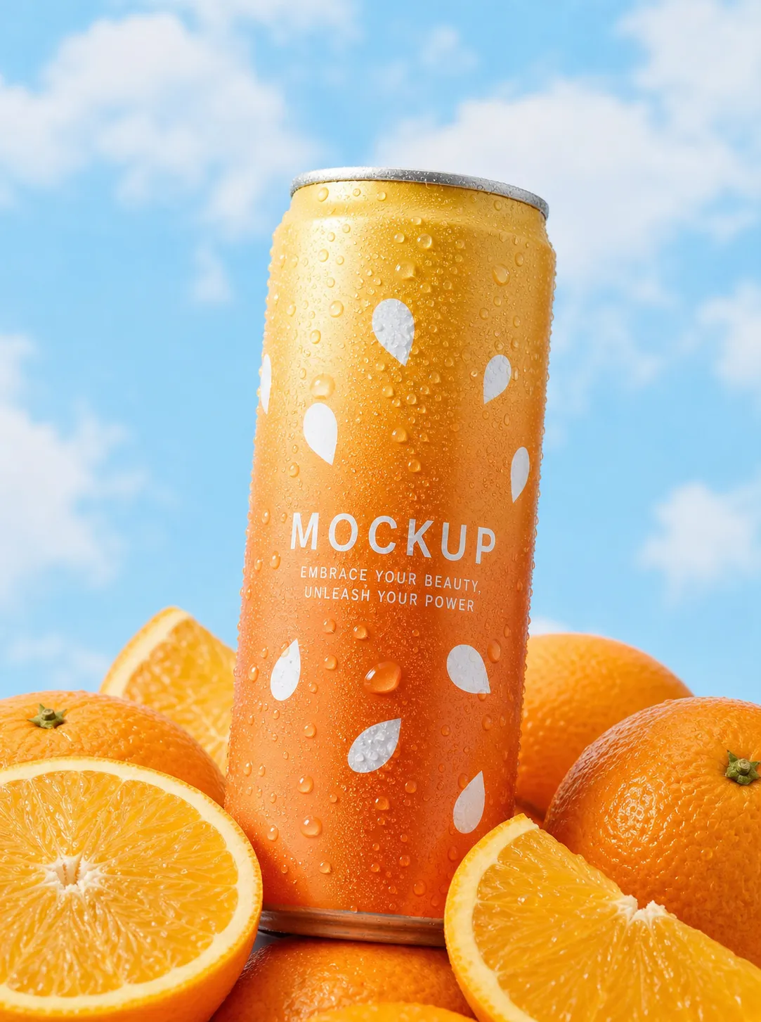 Orange Beverage Can Mockup with Fresh Oranges｜AI Image Generation Prompts