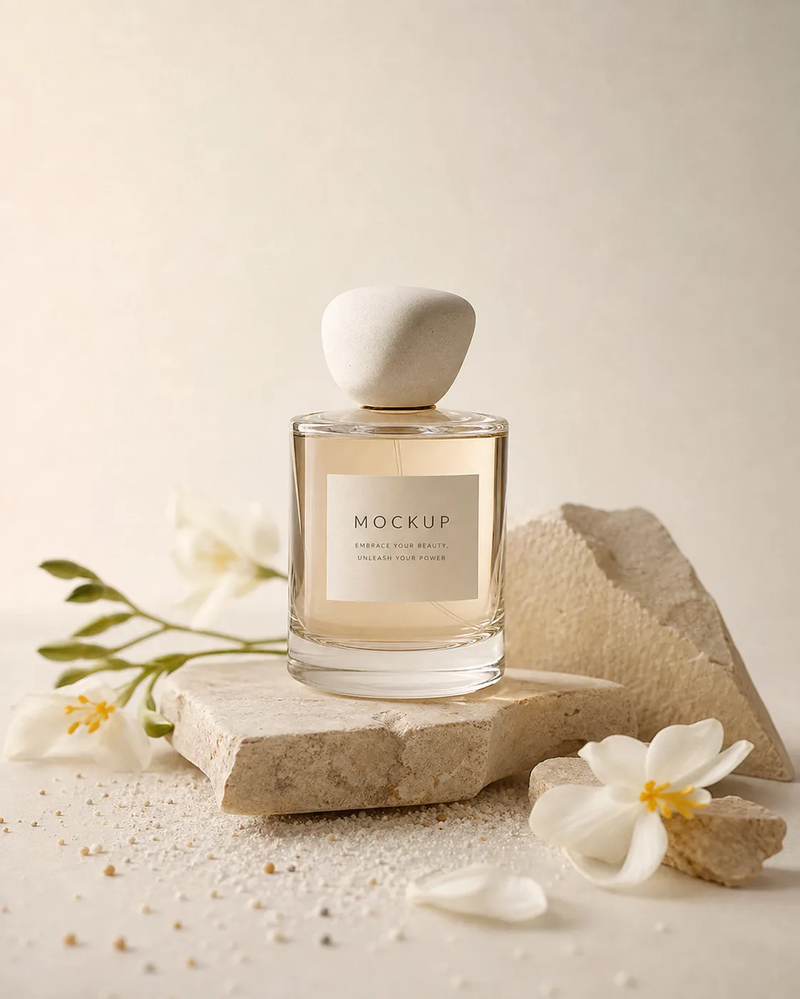 Glass perfume bottle mockup on stone slab with flowers｜AI Image Generation Prompts