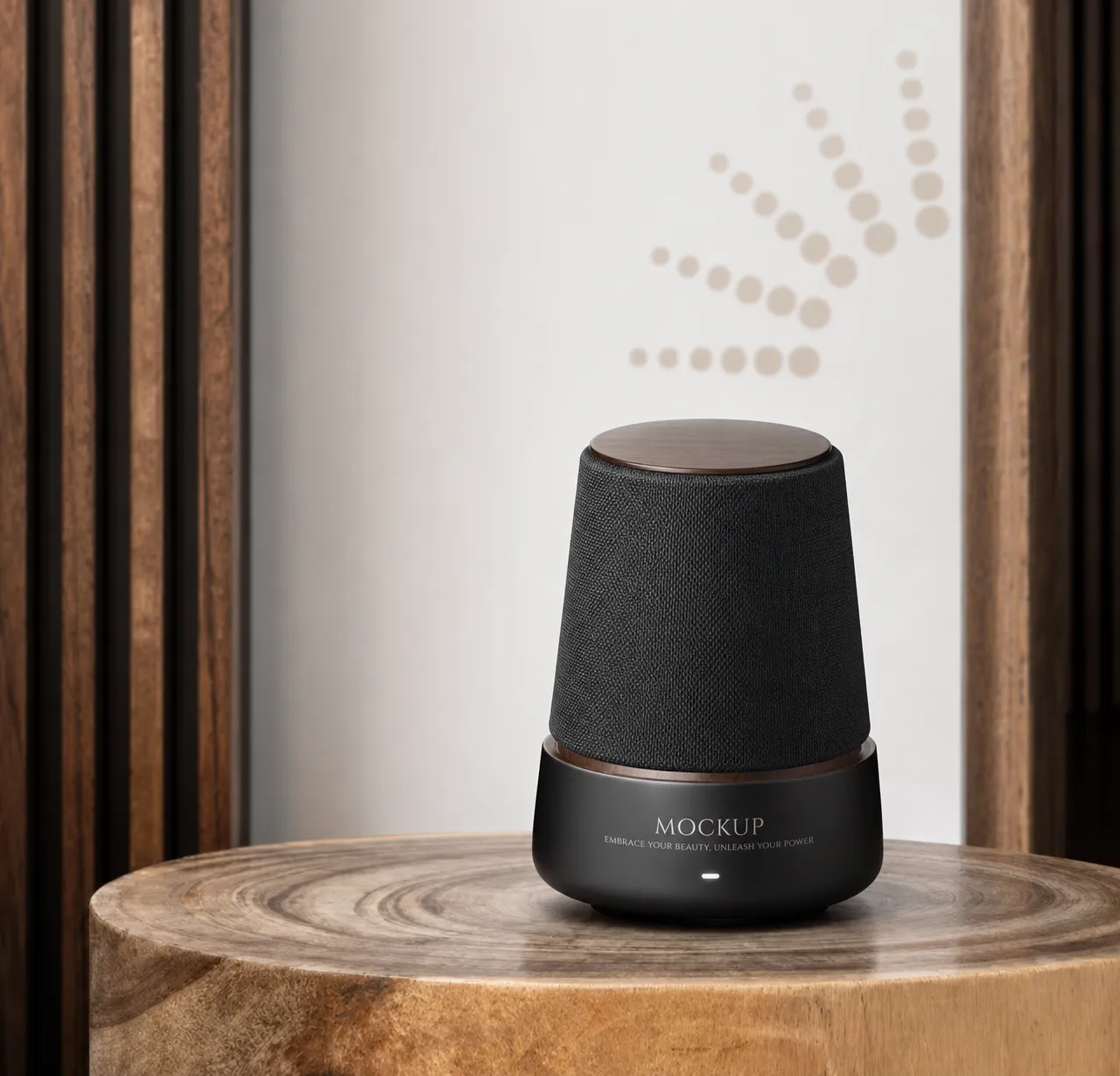 Black Smart Speaker Mockup on Wooden Surface｜AI Image Generation Prompts