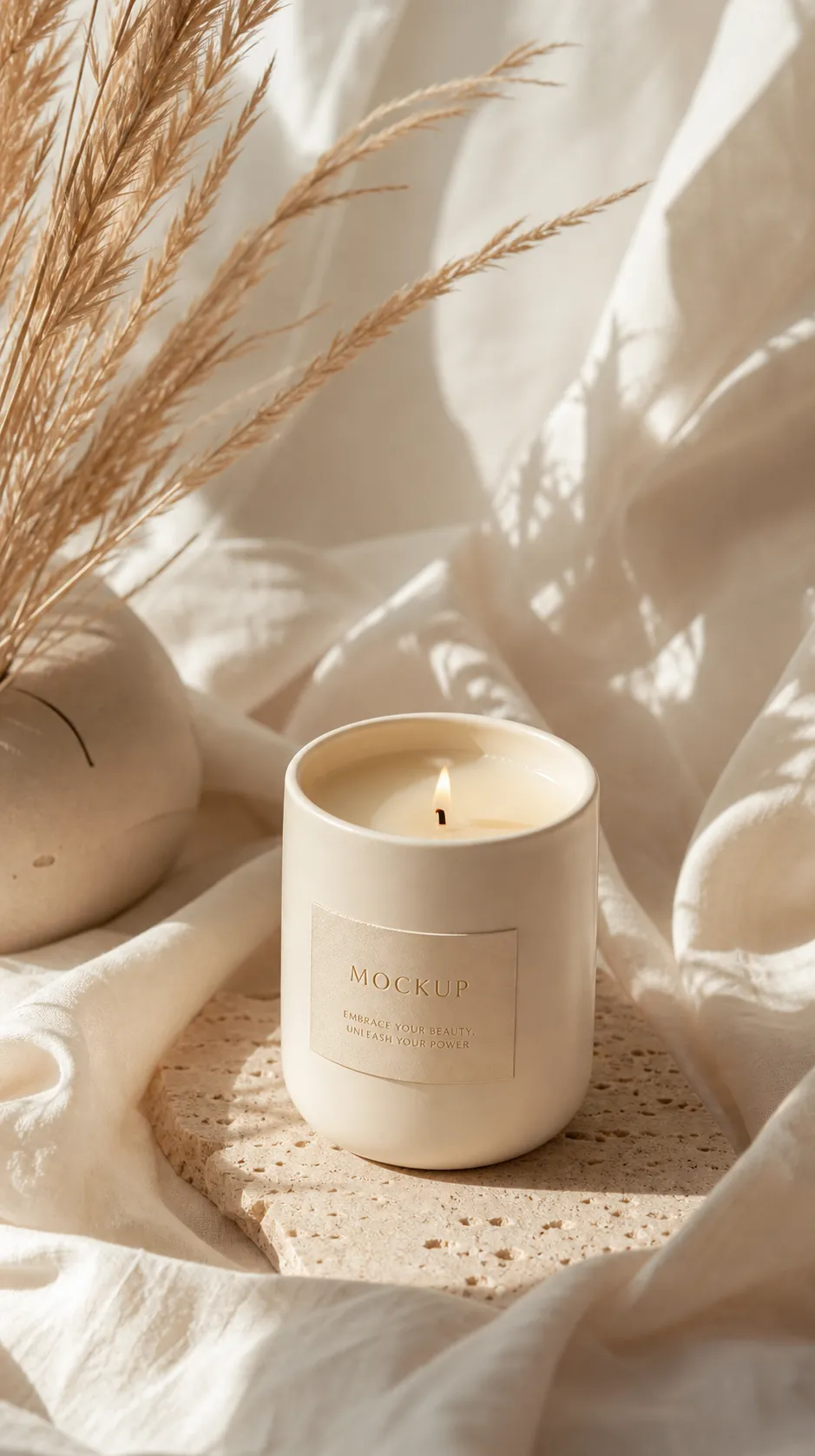 Minimalist Candle Mockup with Pampas Grass｜AI Image Generation Prompts