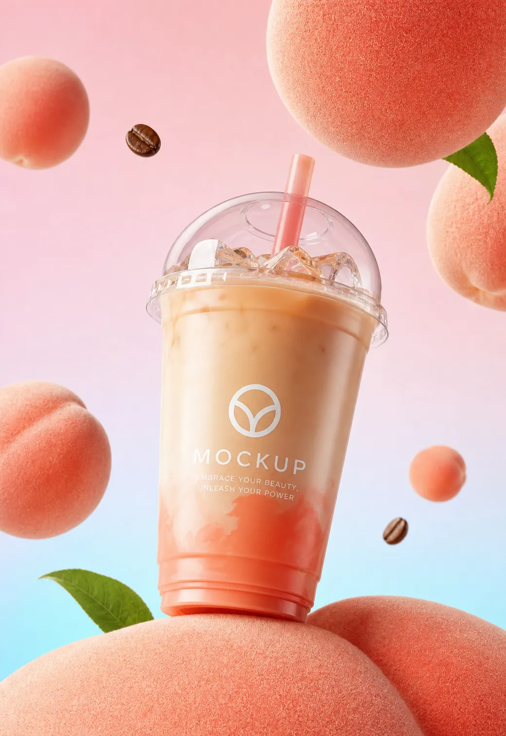 Peach Iced Coffee Cup Mockup with Floating Fruit｜AI Image Generation Prompts
