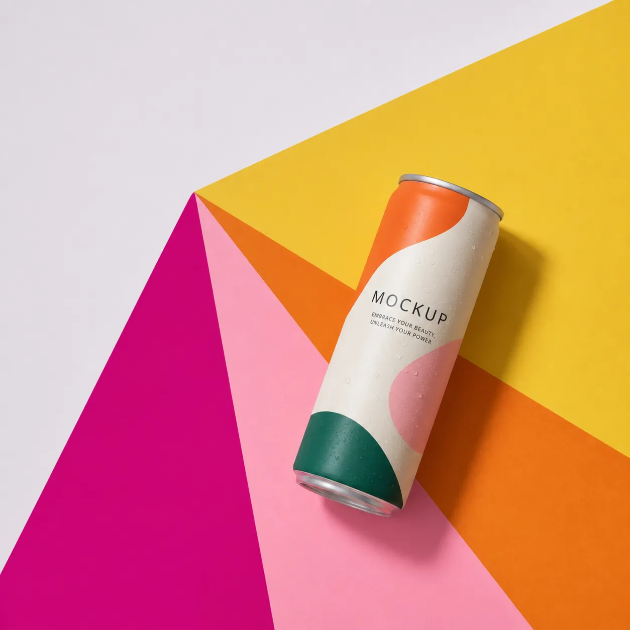 Colorful Beverage Can Mockup on Geometric Background｜AI Image Generation Prompts