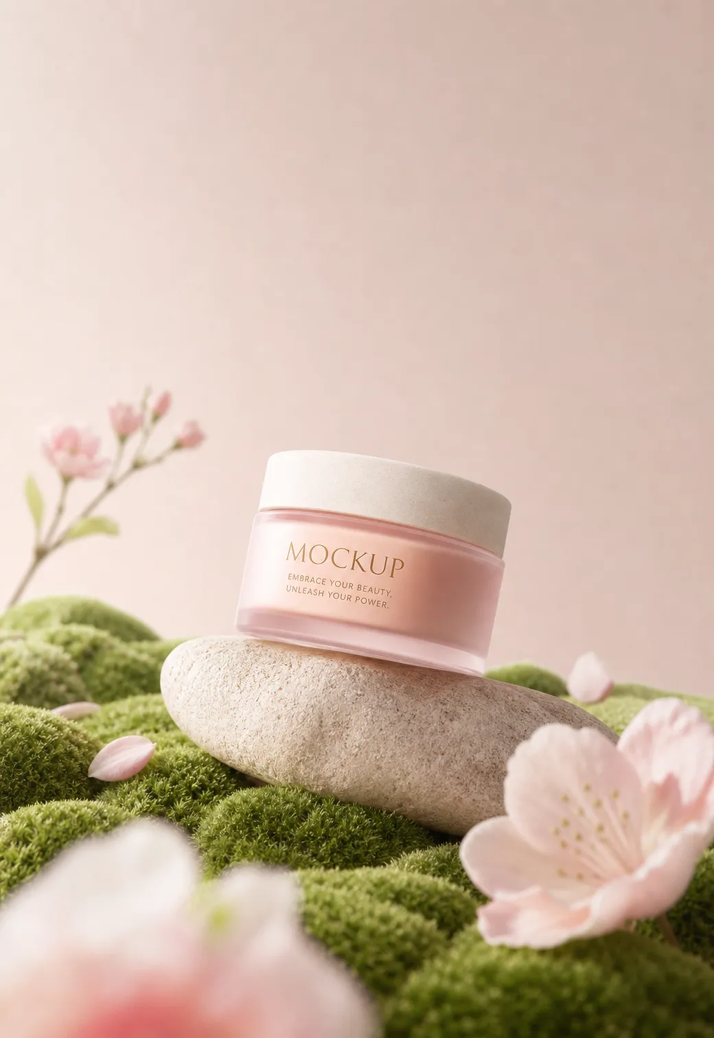 Pink Cosmetic Jar Mockup on Stone with Flowers｜AI Image Generation Prompts