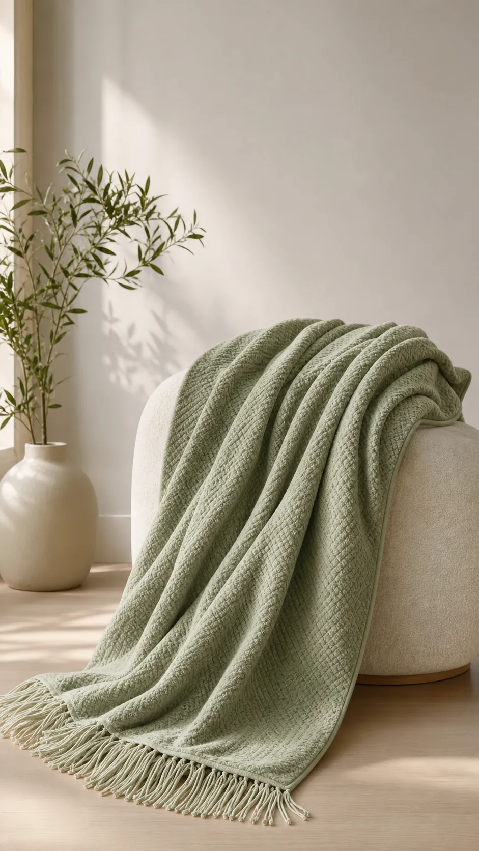 Sage Green Throw Blanket on White Chair｜AI Image Generation Prompts