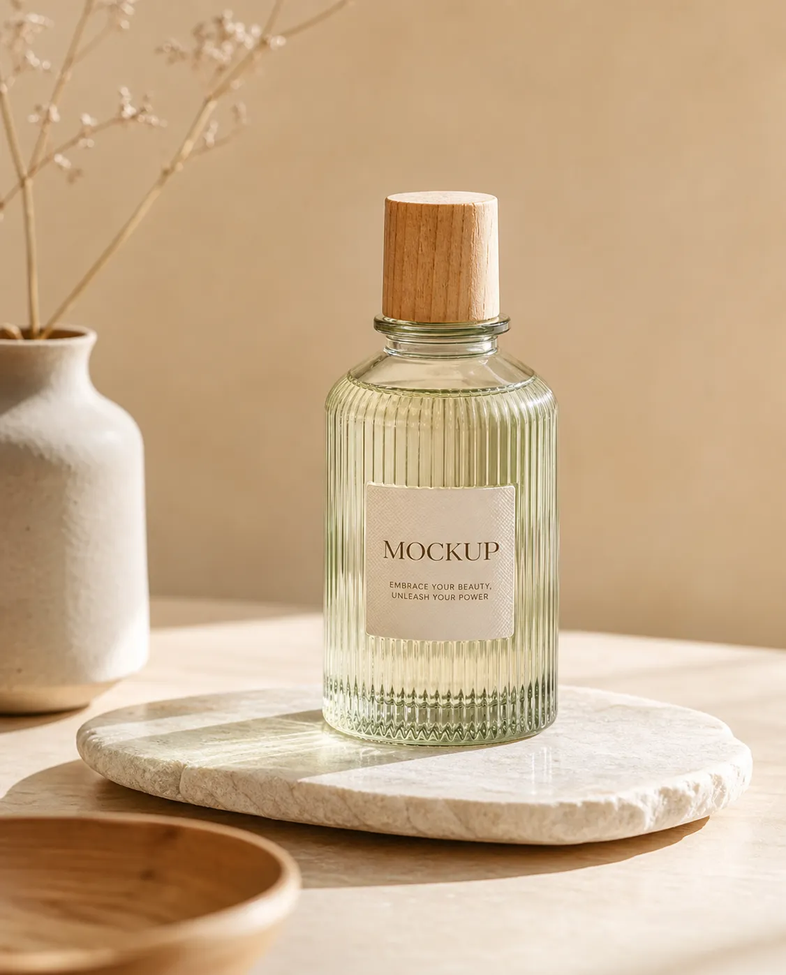 Ribbed Glass Bottle Mockup with Wooden Cap｜AI Image Generation Prompts