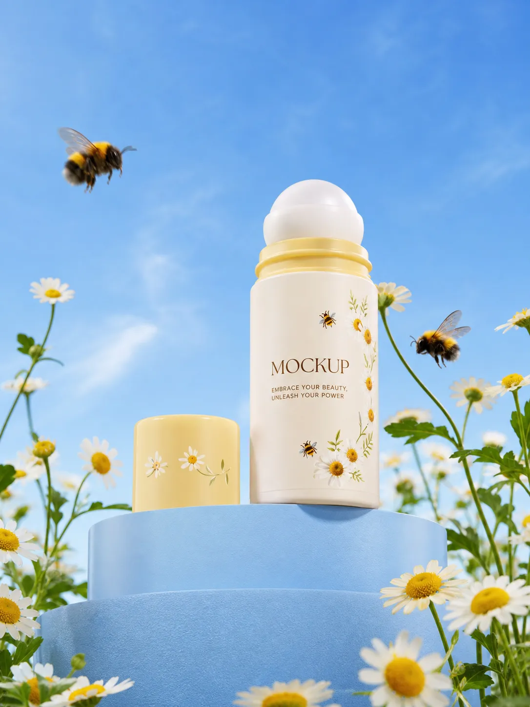 Roll-on bottle mockup with daisies and bees on blue podium｜AI Image Generation Prompts