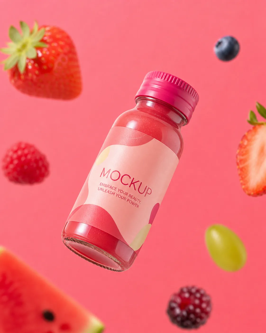Pink Berry Juice Bottle Mockup with Floating Fruits｜AI Image Generation Prompts