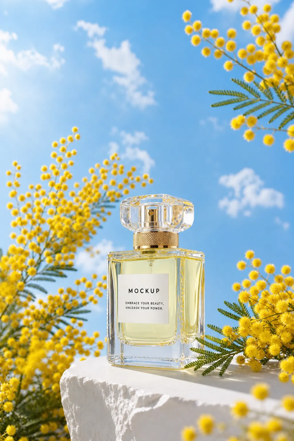 Perfume Bottle Mockup with Yellow Flowers and Blue Sky｜AI Image Generation Prompts