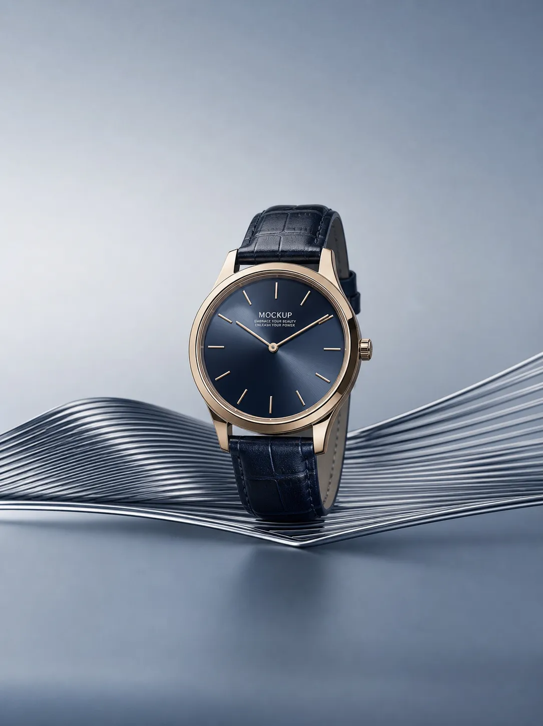 Luxury Gold Watch Mockup with Blue Leather Strap｜AI Image Generation Prompts