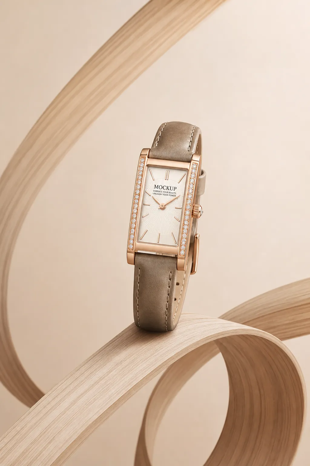 Rectangular rose gold watch with leather strap｜AI Image Generation Prompts