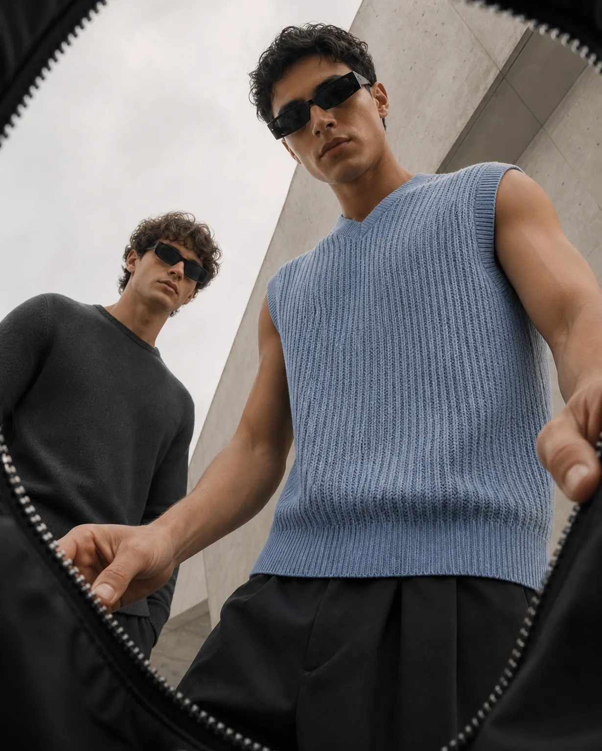 Two men wearing sunglasses and blue knit vest｜AI Image Generation Prompts