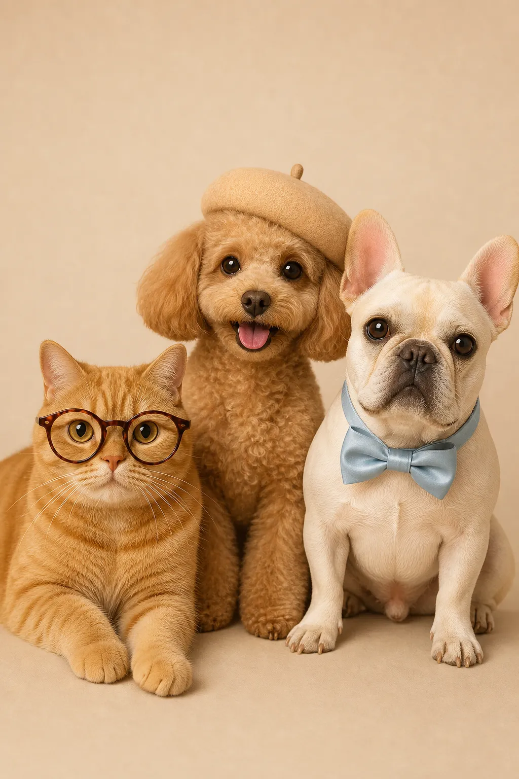 Cat with glasses, poodle in beret, and French bulldog｜AI Image Generation Prompts