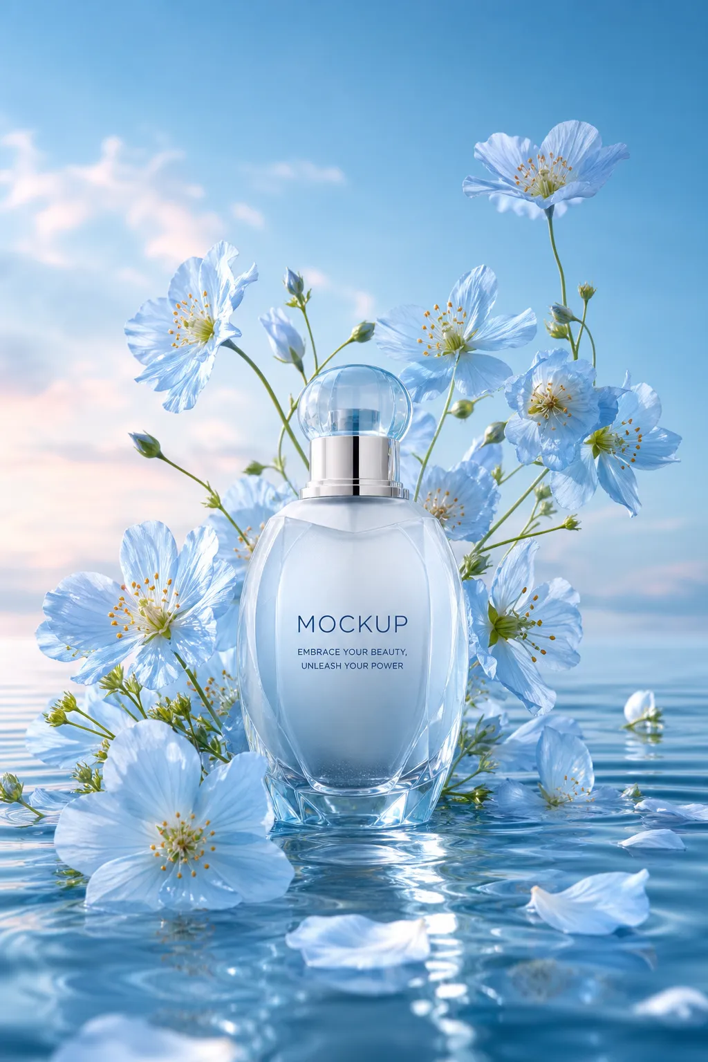 Elegant Perfume Bottle Mockup with Blue Flowers in Water｜AI Image Generation Prompts