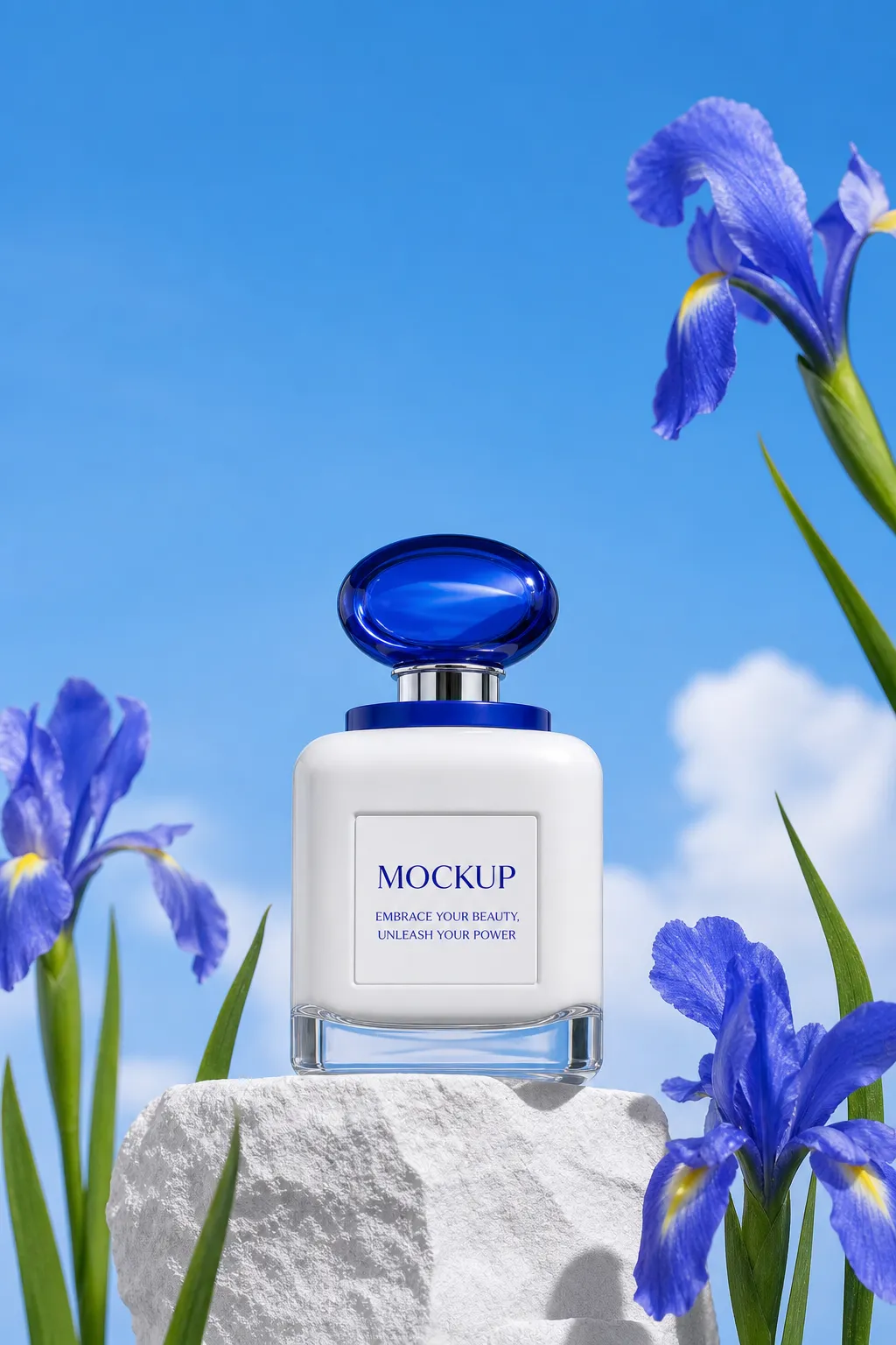 White perfume bottle mockup with blue iris flowers｜AI Image Generation Prompts