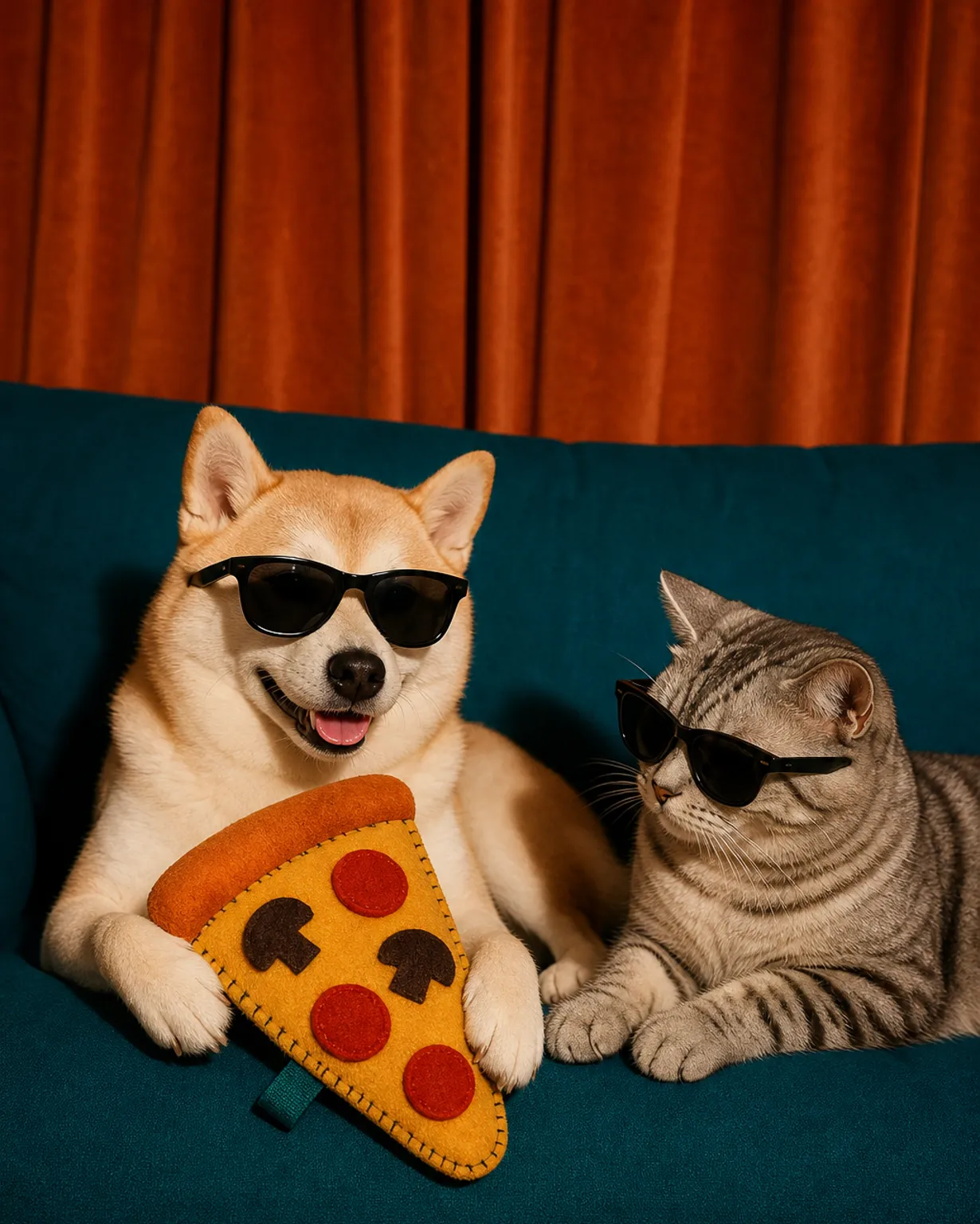 Dog and cat wearing sunglasses on a couch with pizza toy｜AI Image Generation Prompts