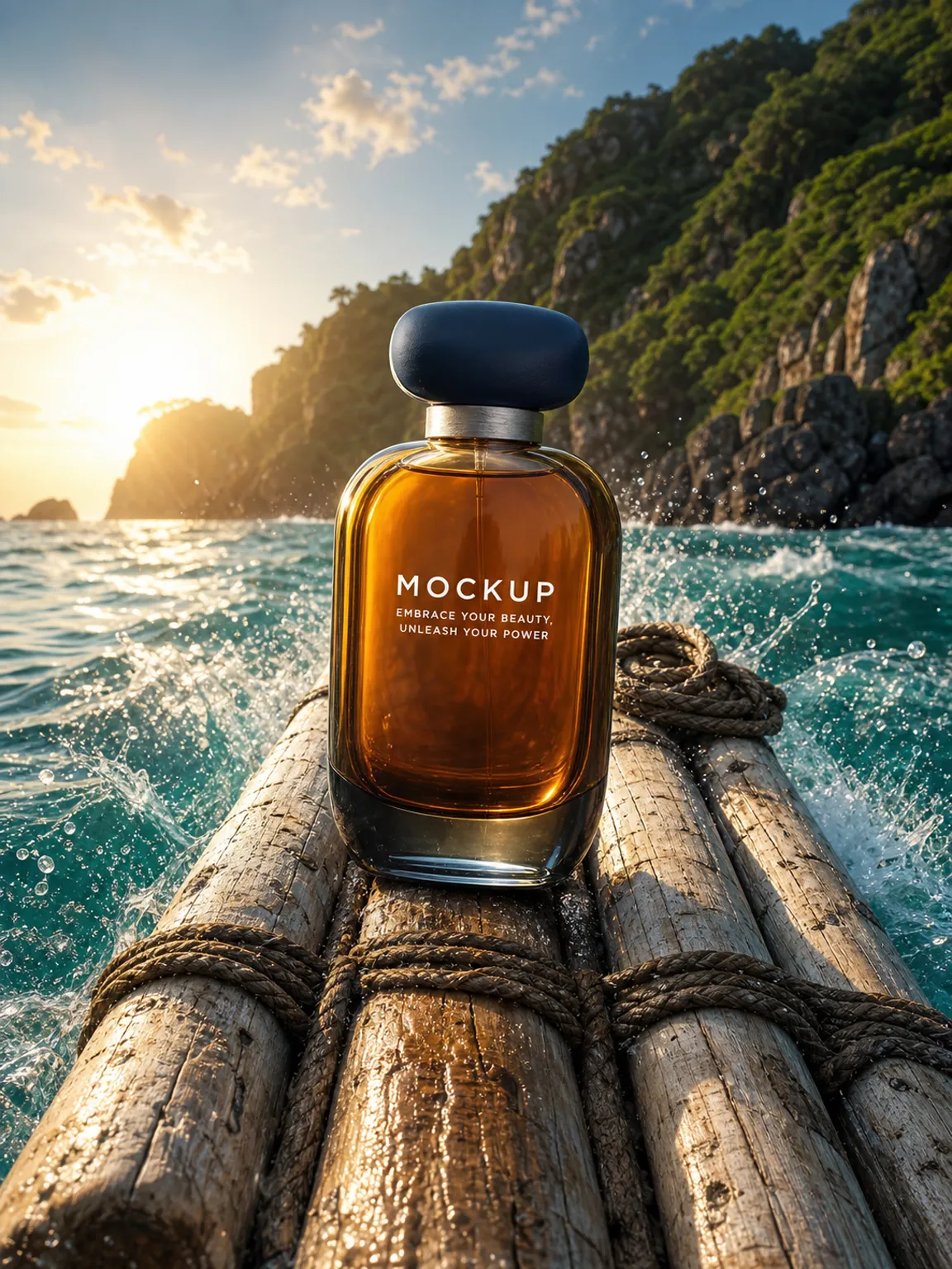 Perfume Bottle Mockup on Raft in Ocean｜AI Image Generation Prompts