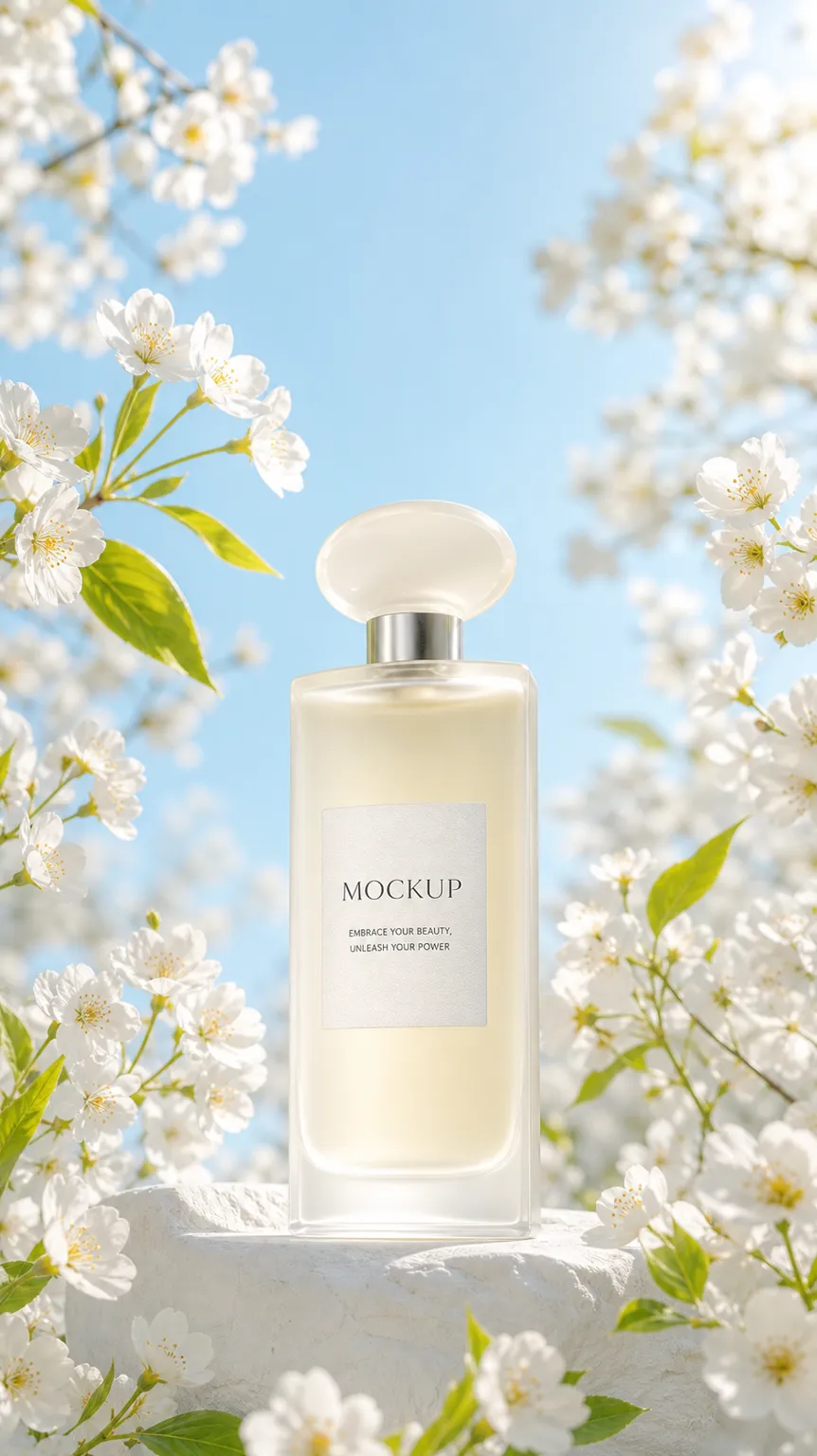 Elegant Perfume Bottle Mockup with White Spring Flowers｜AI Image Generation Prompts