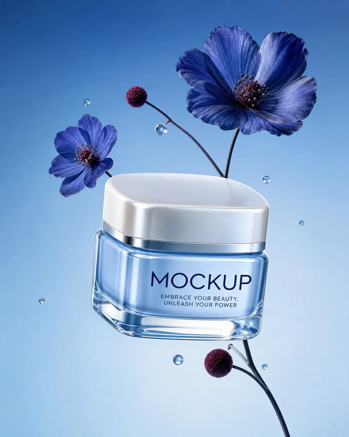 Blue Cosmetic Jar Mockup with Blue Flowers｜AI Image Generation Prompts