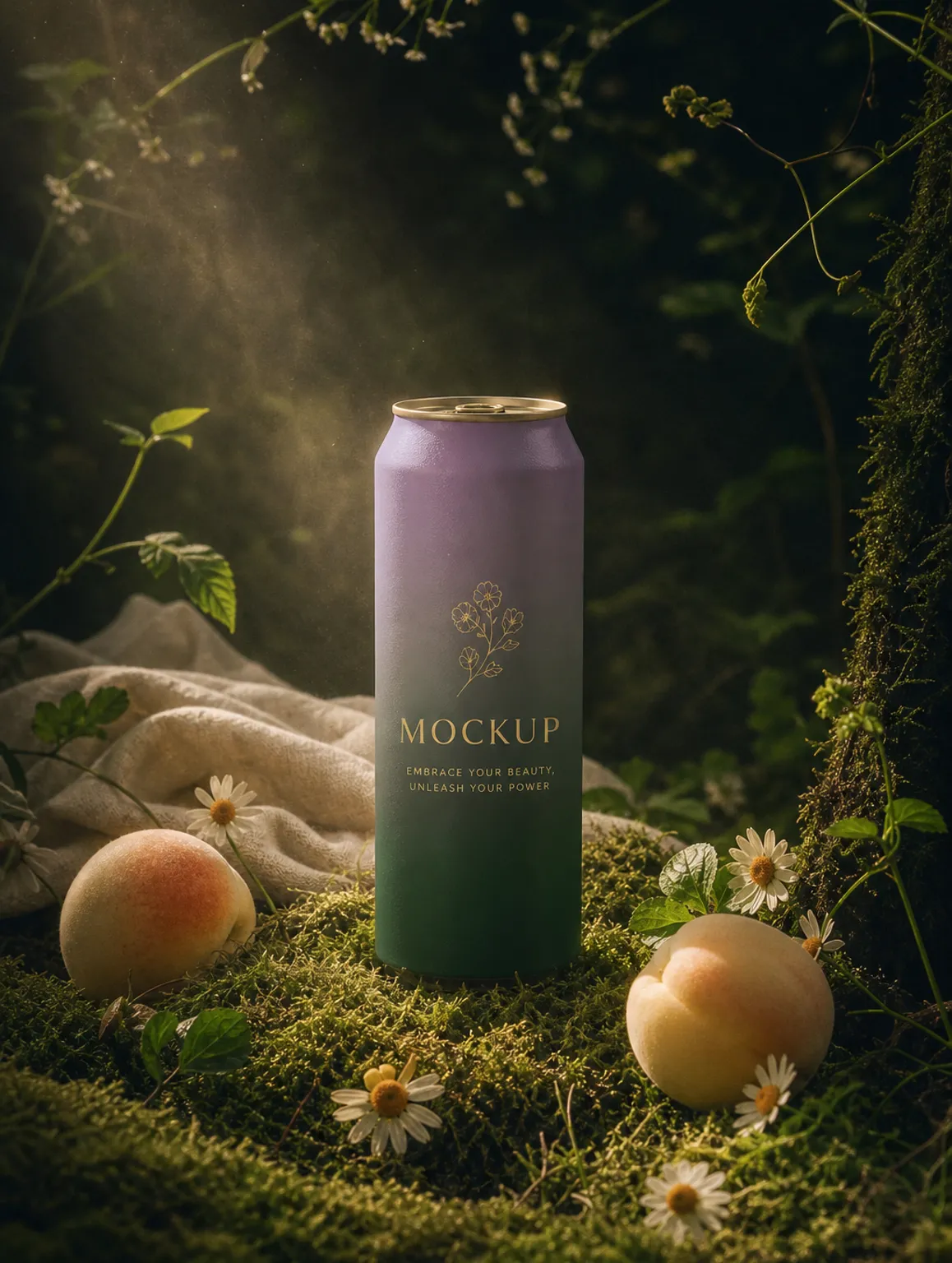 Purple green gradient can mockup in forest with peaches｜AI Image Generation Prompts