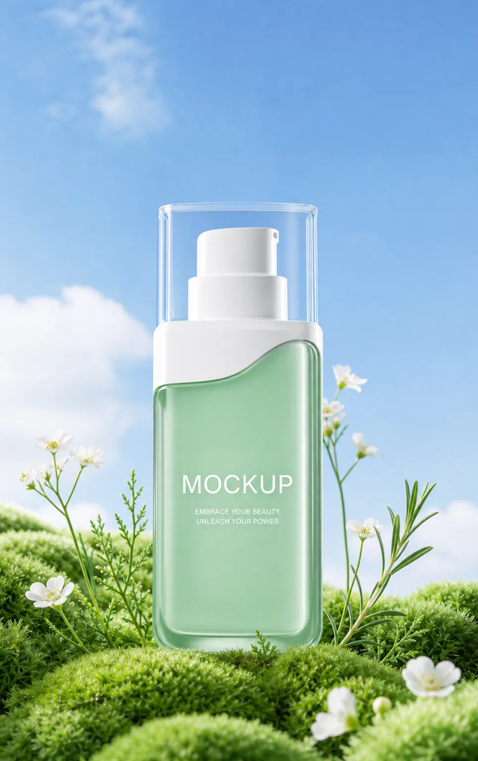 Green bottle mockup on moss with blue sky｜AI Image Generation Prompts