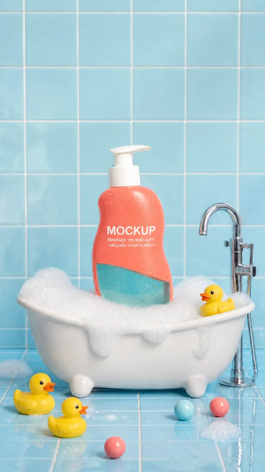 Pink Pump Bottle Mockup in Bubble Bath with Rubber Ducks｜AI Image Generation Prompts