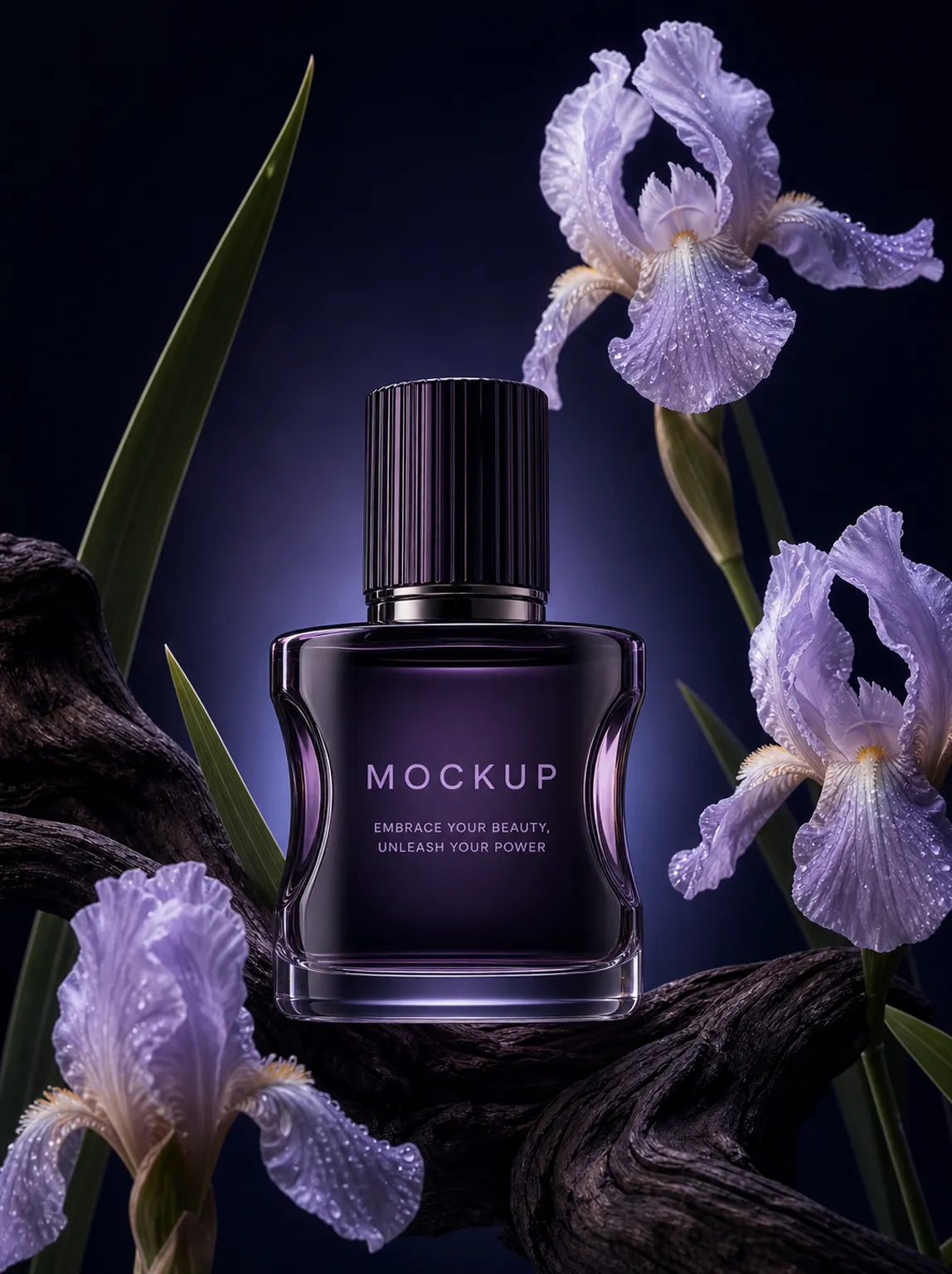 Dark Purple Perfume Bottle Mockup with Iris Flowers｜AI Image Generation Prompts
