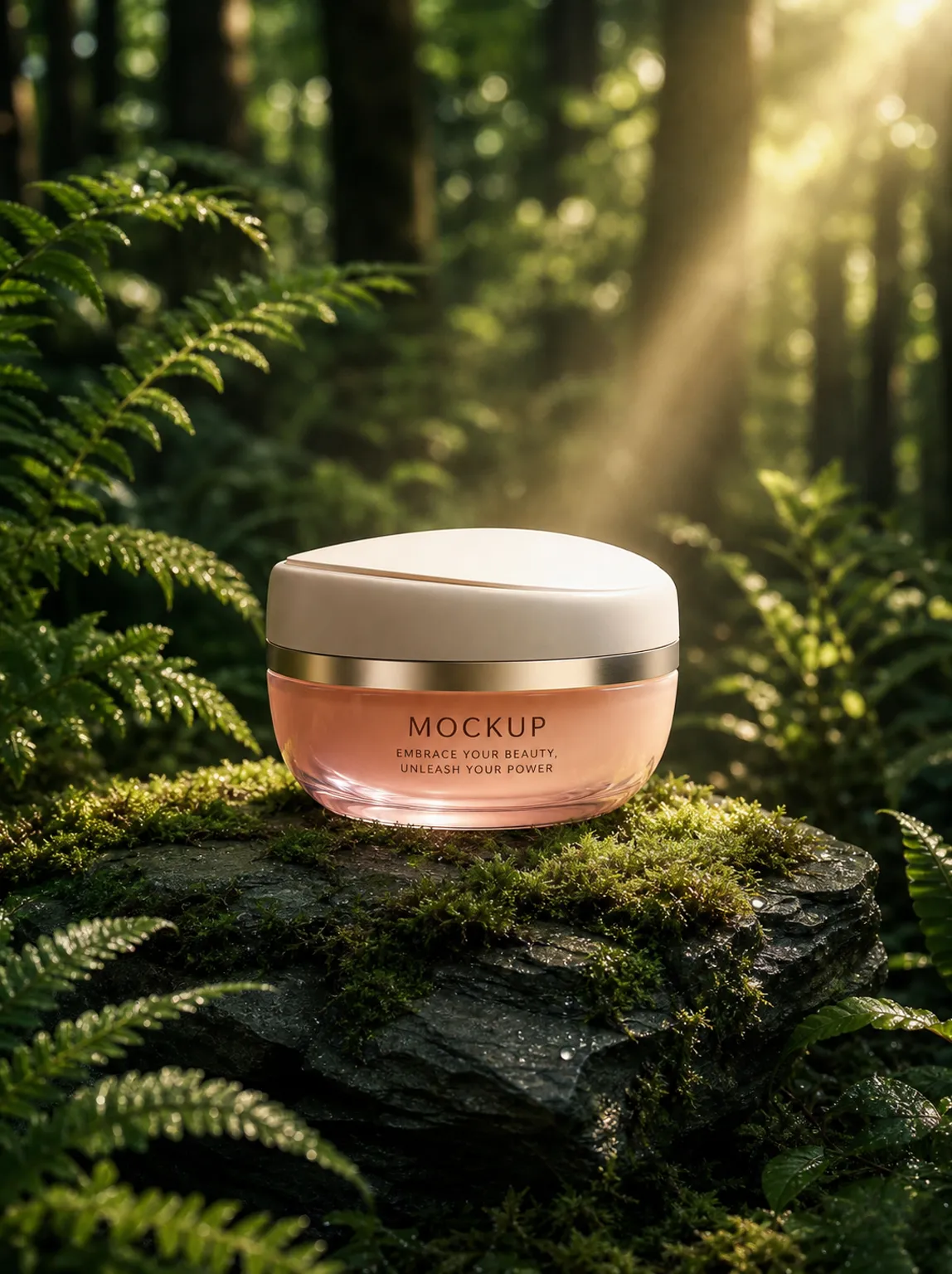 Pink Cosmetic Jar Mockup on Mossy Rock in Forest｜AI Image Generation Prompts