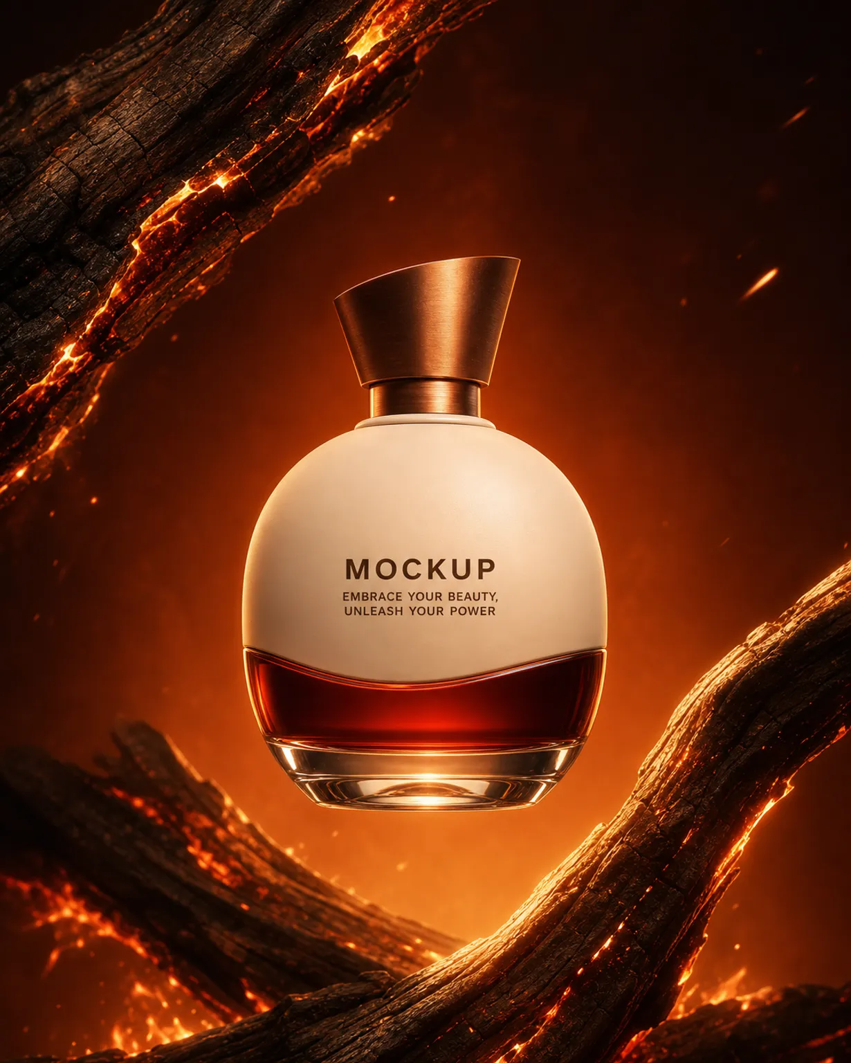 Perfume Bottle Mockup with Fiery Wood Background｜AI Image Generation Prompts