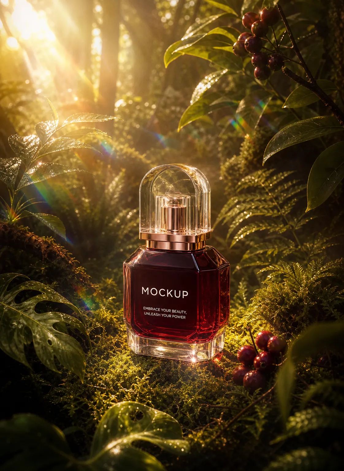Red Perfume Bottle Mockup In Sunlit Forest｜AI Image Generation Prompts