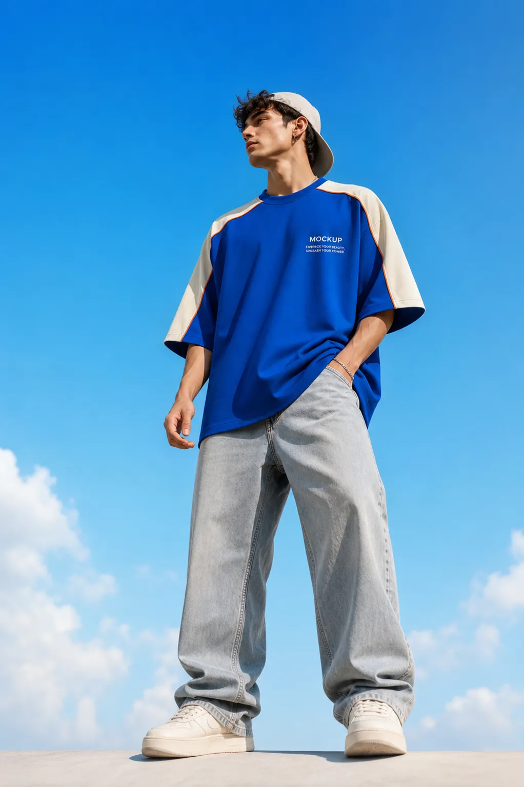 Young man wearing blue t-shirt mockup against blue sky｜AI Image Generation Prompts