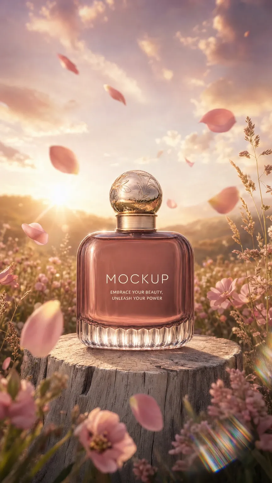 Pink perfume bottle mockup in a flower field at sunset｜AI Image Generation Prompts