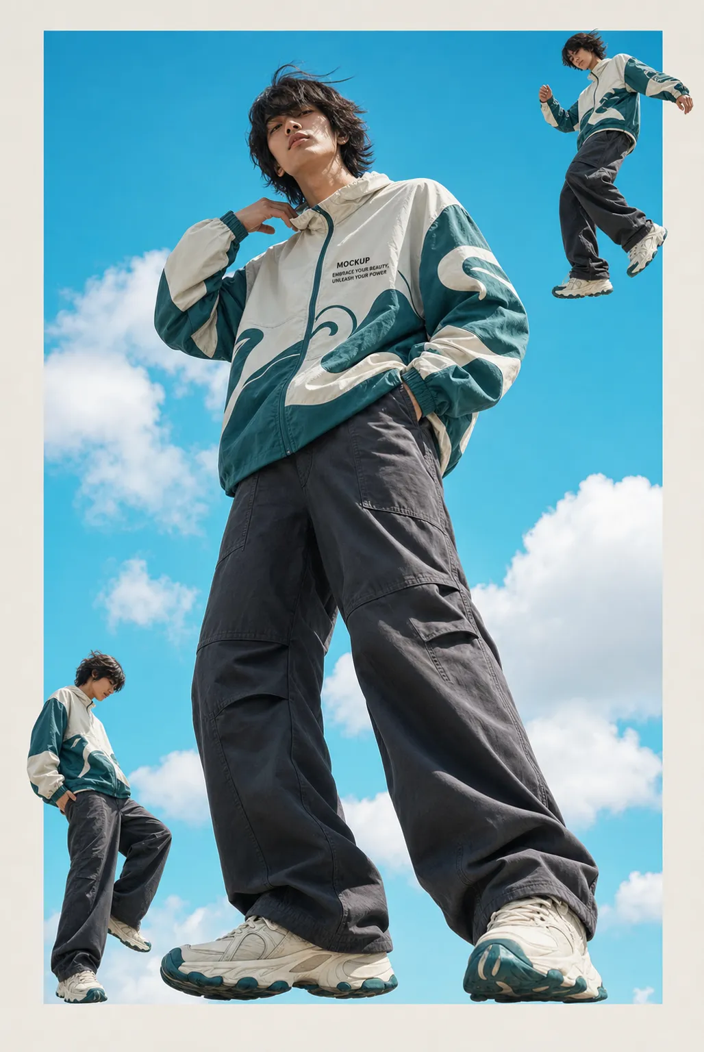 Male model in green windbreaker and cargo pants｜AI Image Generation Prompts