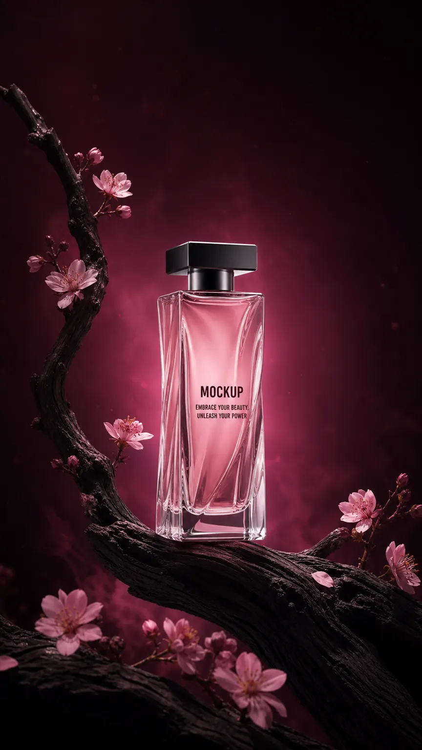 Pink perfume bottle mockup on branch with flowers｜AI Image Generation Prompts