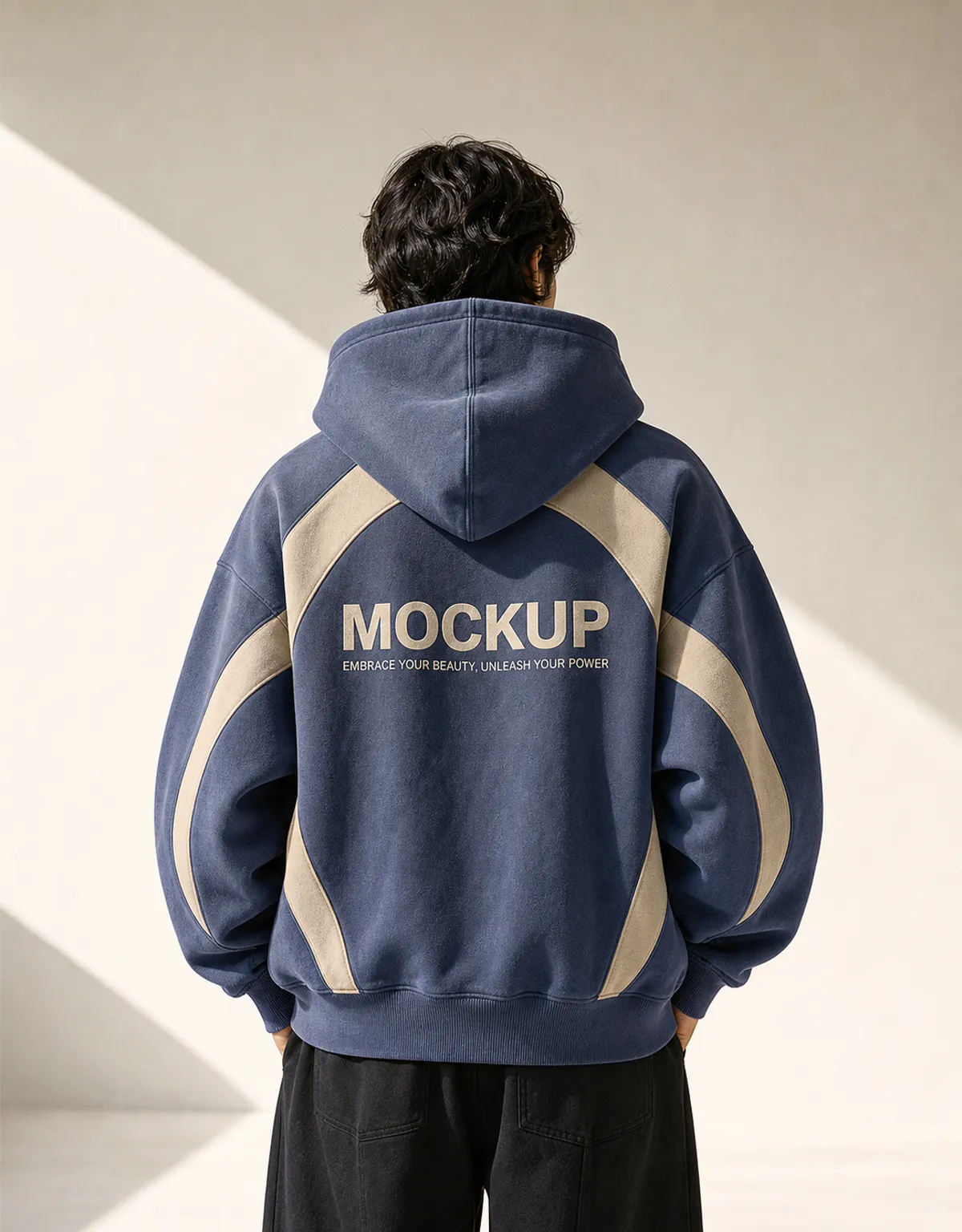 Blue and beige hoodie mockup back view｜AI Image Generation Prompts